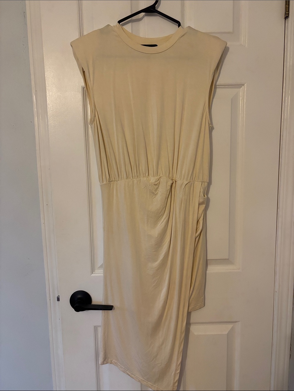 CIDER Asymmetrical Cream Sleeveless Dress with Gathered Waist and small pads